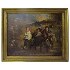 Antique 19thc Oil on Canvas Children in Donkey Derby at the Fair