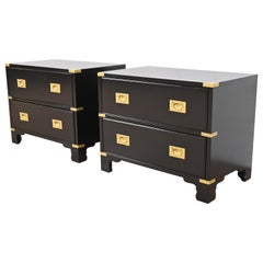 Drexel Heritage Hollywood Regency Campaign Black Lacquered Nightstands, Pair