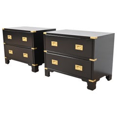 Vintage Drexel Heritage Hollywood Regency Campaign Black Lacquered Nightstands, Pair