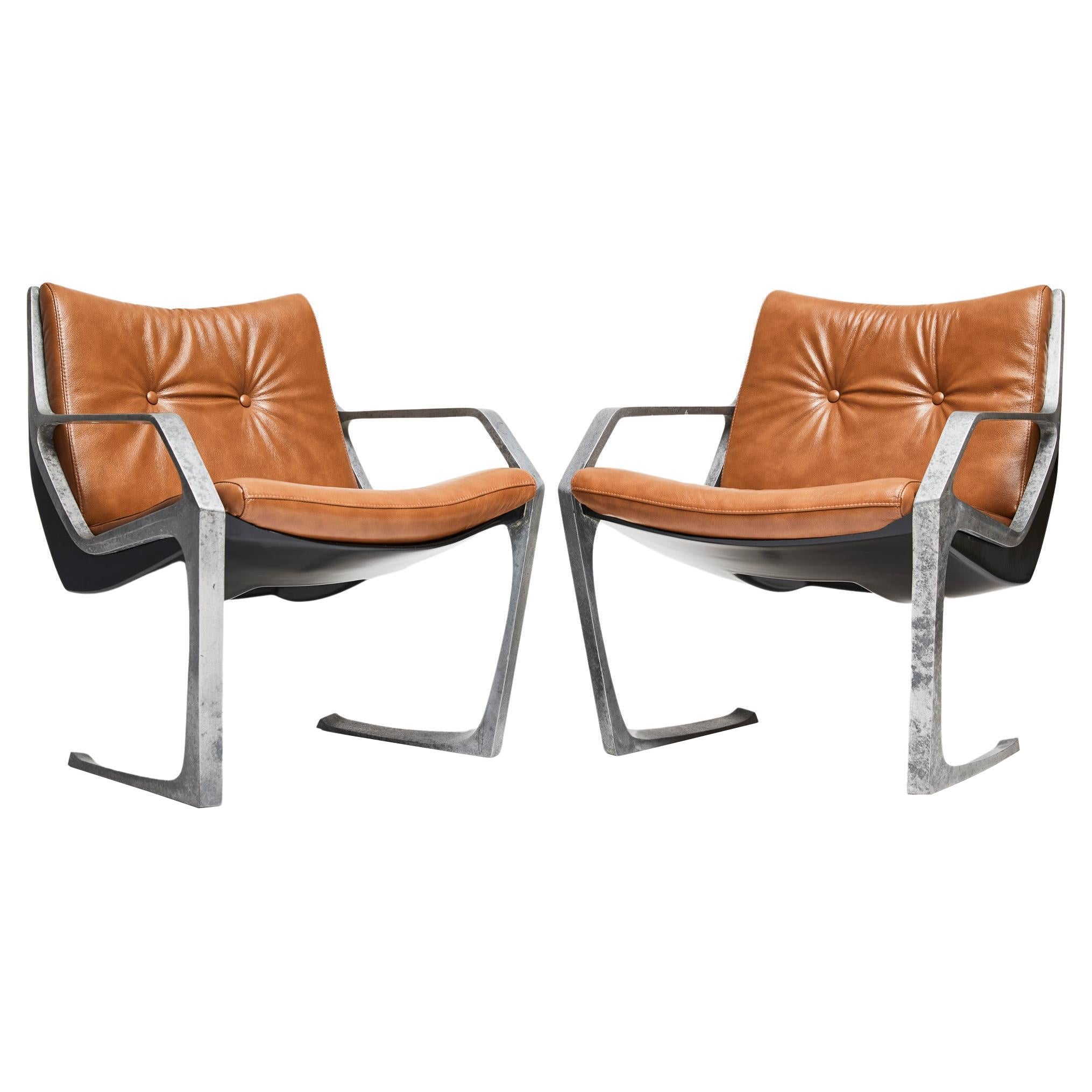 Mid-Century Modern Armchairs in Aluminum & Brown Leather. Jorge Zalszupin Brazil
