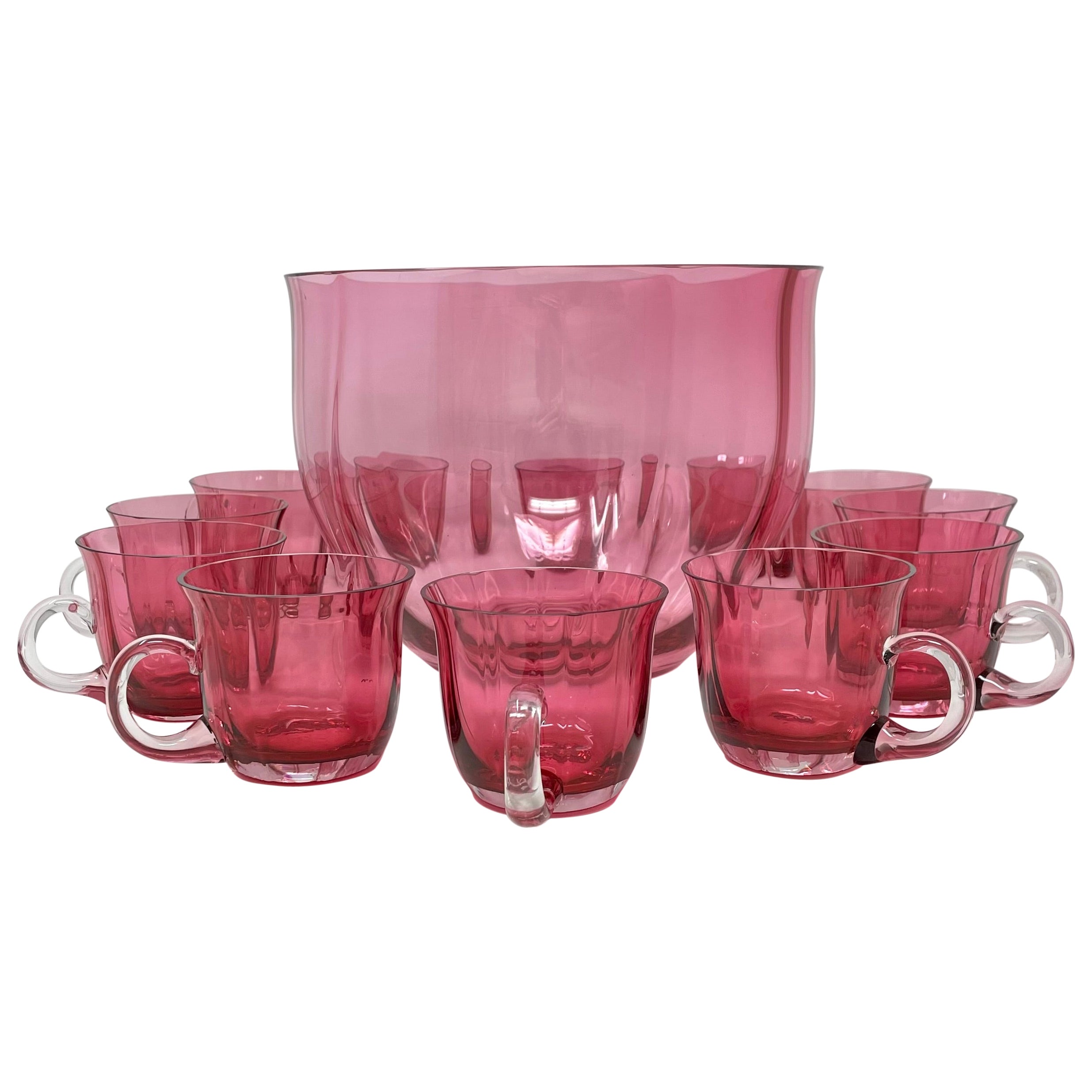 Estate American 13 Piece Cranberry Glass Punch Bowl Set, Circa 1950's.