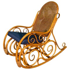 Retro Bentwood Rattan and Cane Rocking Chair in the Manner of Thonet