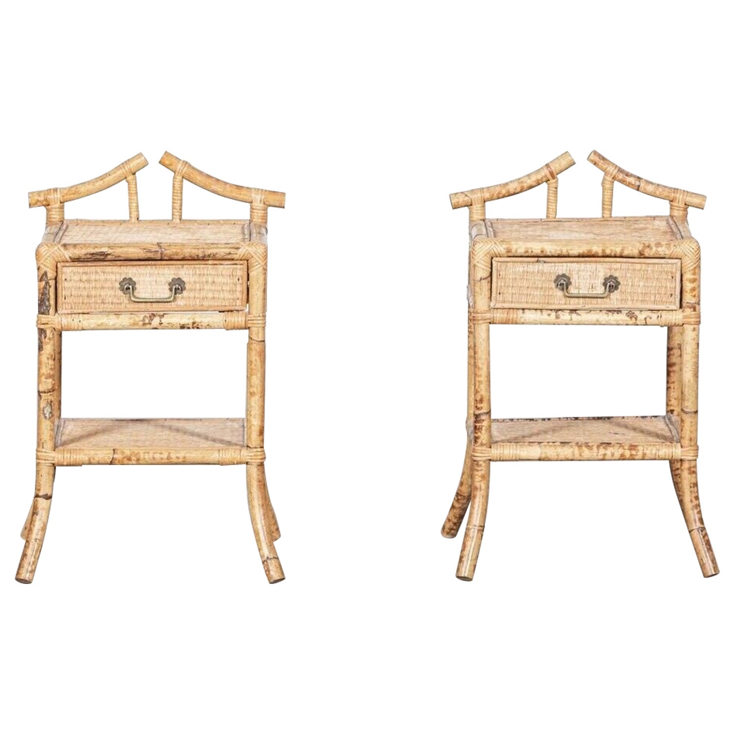 Pair English Mid Century Bamboo Bedside Tables For Sale