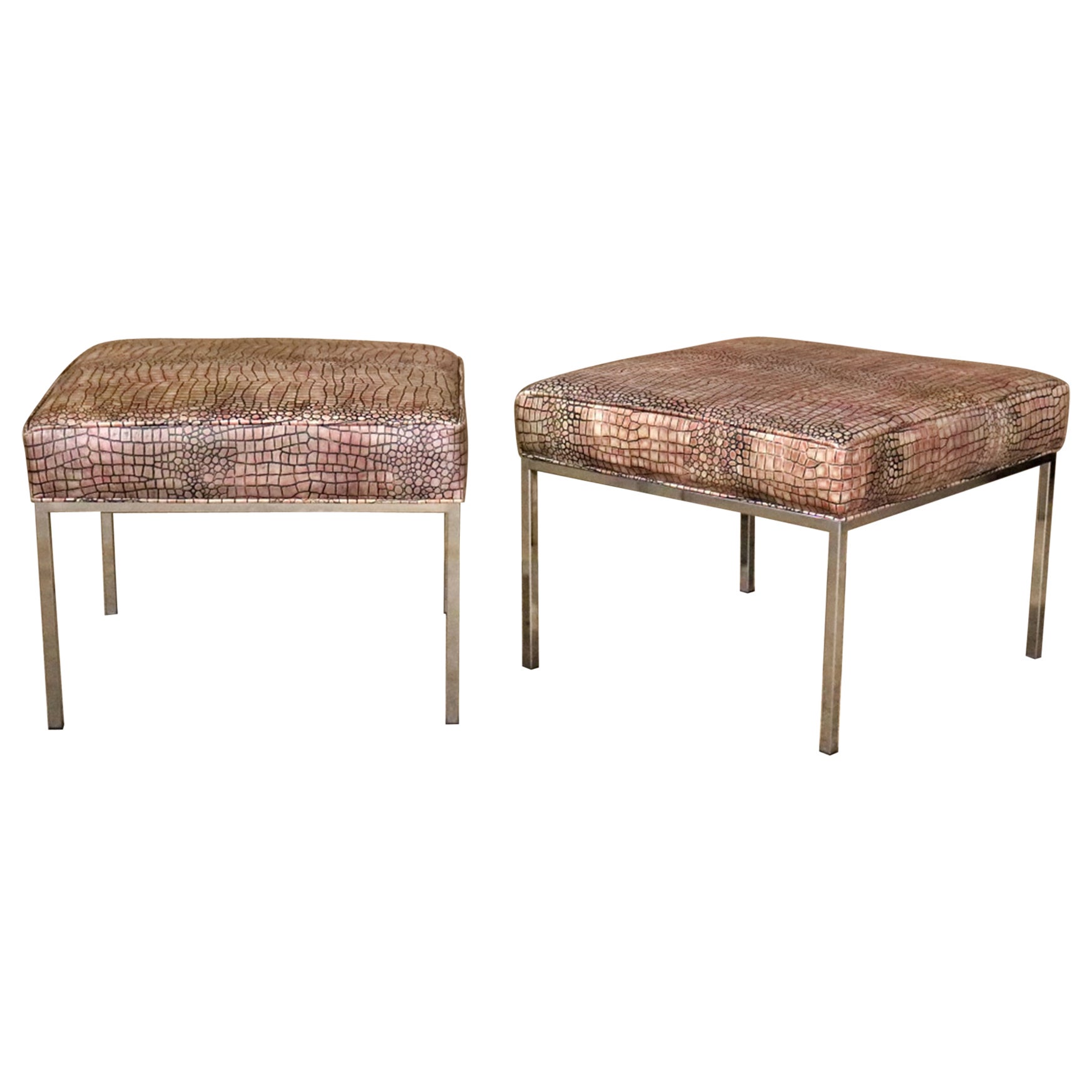 Pair of Milo Baughman Style Faux Crocodilie Upholstered Chrome Stools Ottomans For Sale