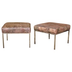 Pair of Milo Baughman Style Faux Crocodilie Upholstered Chrome Stools Ottomans