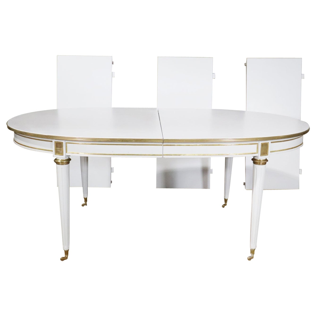 Manner of Maison Jansen White Lacquer Bronze Mounted Dining Table 3 Leaves  For Sale