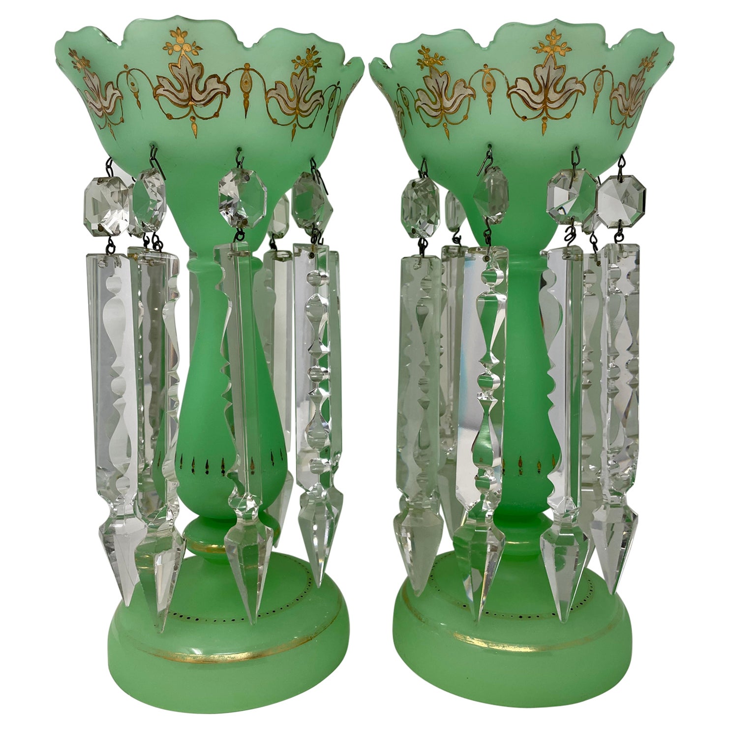 Pair Antique French "Art Nouveau" Green & Gold Opaline Glass Lustres, Circa 1910 For Sale