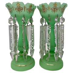 Pair Antique French "Art Nouveau" Green & Gold Opaline Glass Lustres, Circa 1910