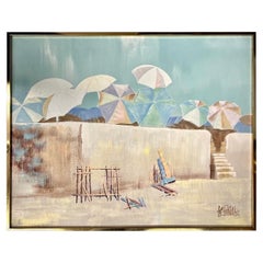 Retro Lee Reynolds Original Signed Painting Beach Umbrellas