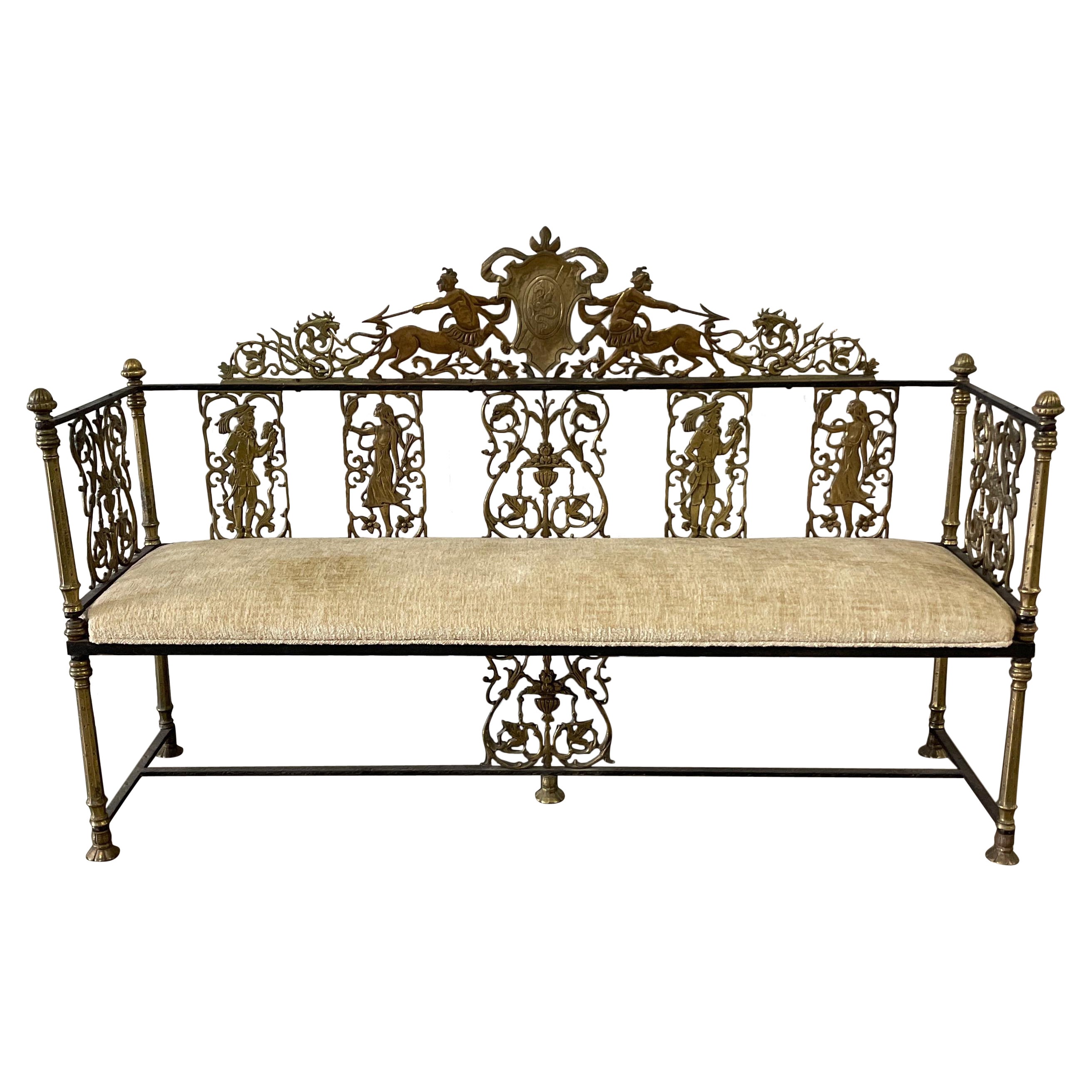 Neoclassical Brass & Wrought Iron Antique Bench For Sale