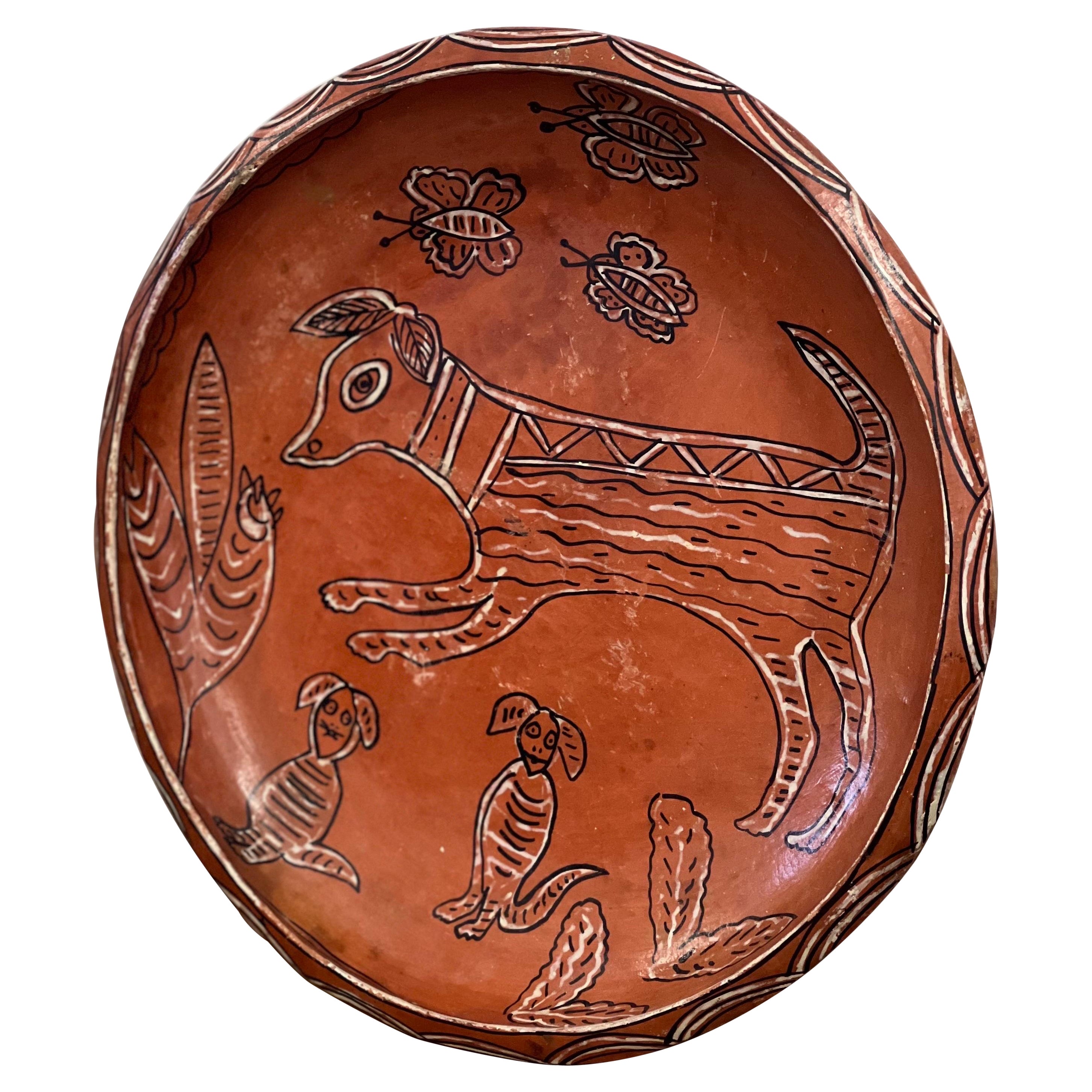 Vintage Handmade Pottery with Hand Painted Animal  Motif in a Terracotta Color