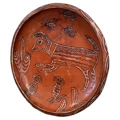 Vintage Handmade Pottery with Hand Painted Animal  Motif in a Terracotta Color
