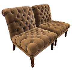 Pair of Brown Velvet Tufted Slipper Chairs by Bernhardt