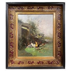 19th Century Framed Chicken Oil Painting Signed H. Lambert for E. Galien-Laloue