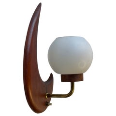 Midcentury Half Moon Wall Sconce in Teak and Opaline, Scandinavian, 1960s