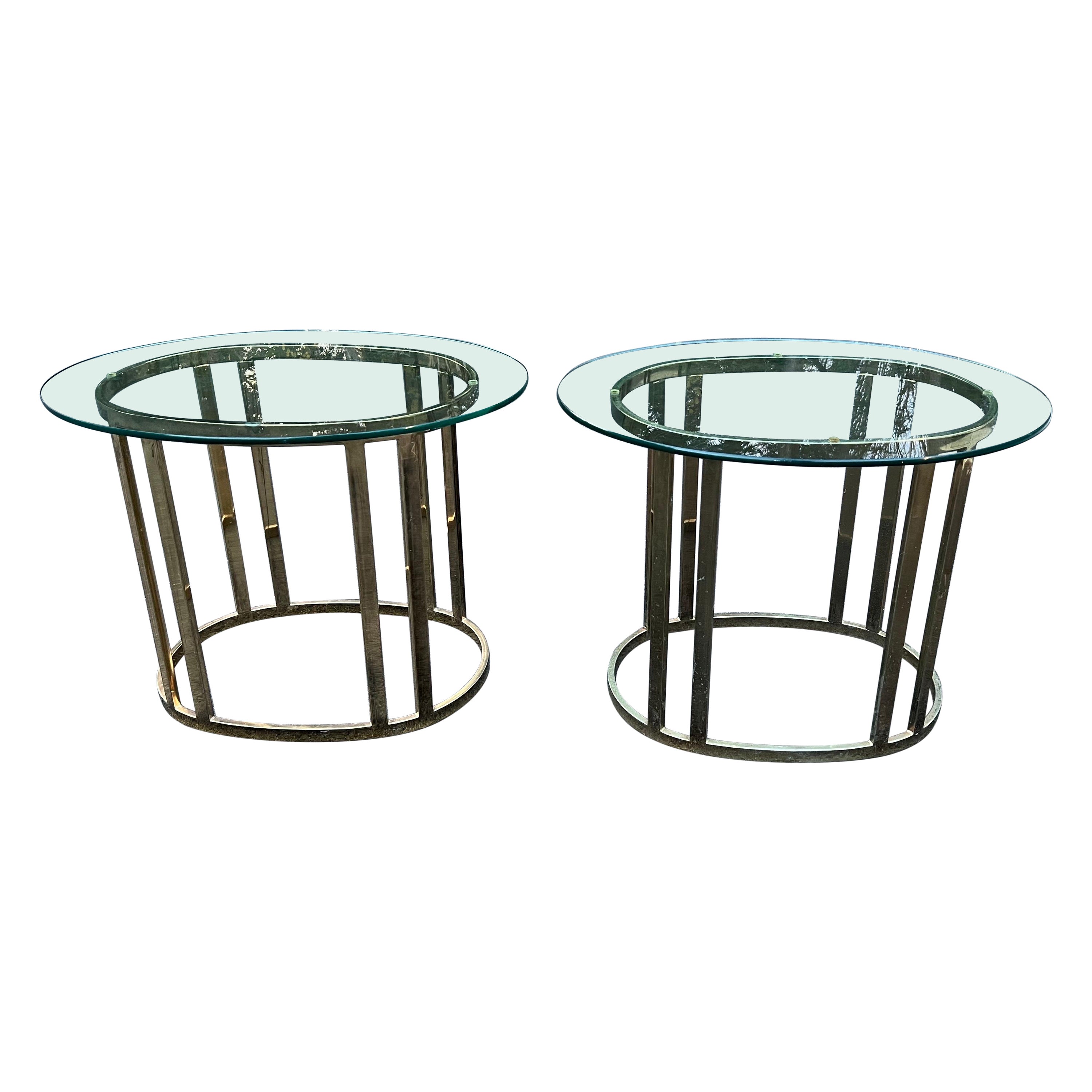 Pair of Oval Brass and Glass End Tables For Sale