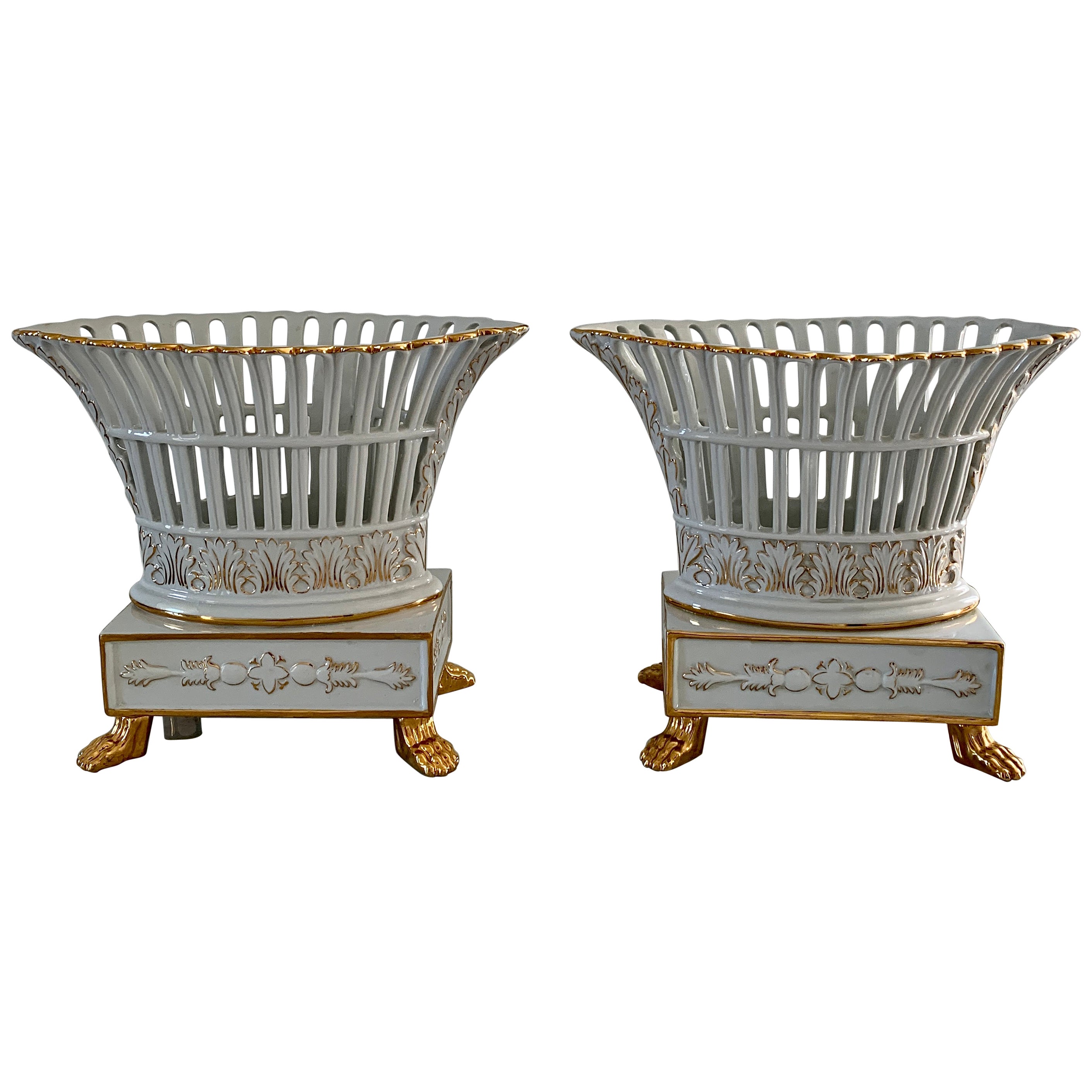Neoclassical Regency Reticulated Gold Gilt Porcelain Basket Compotes, Pair
