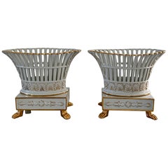 Retro Neoclassical Regency Reticulated Gold Gilt Porcelain Basket Compotes, Pair