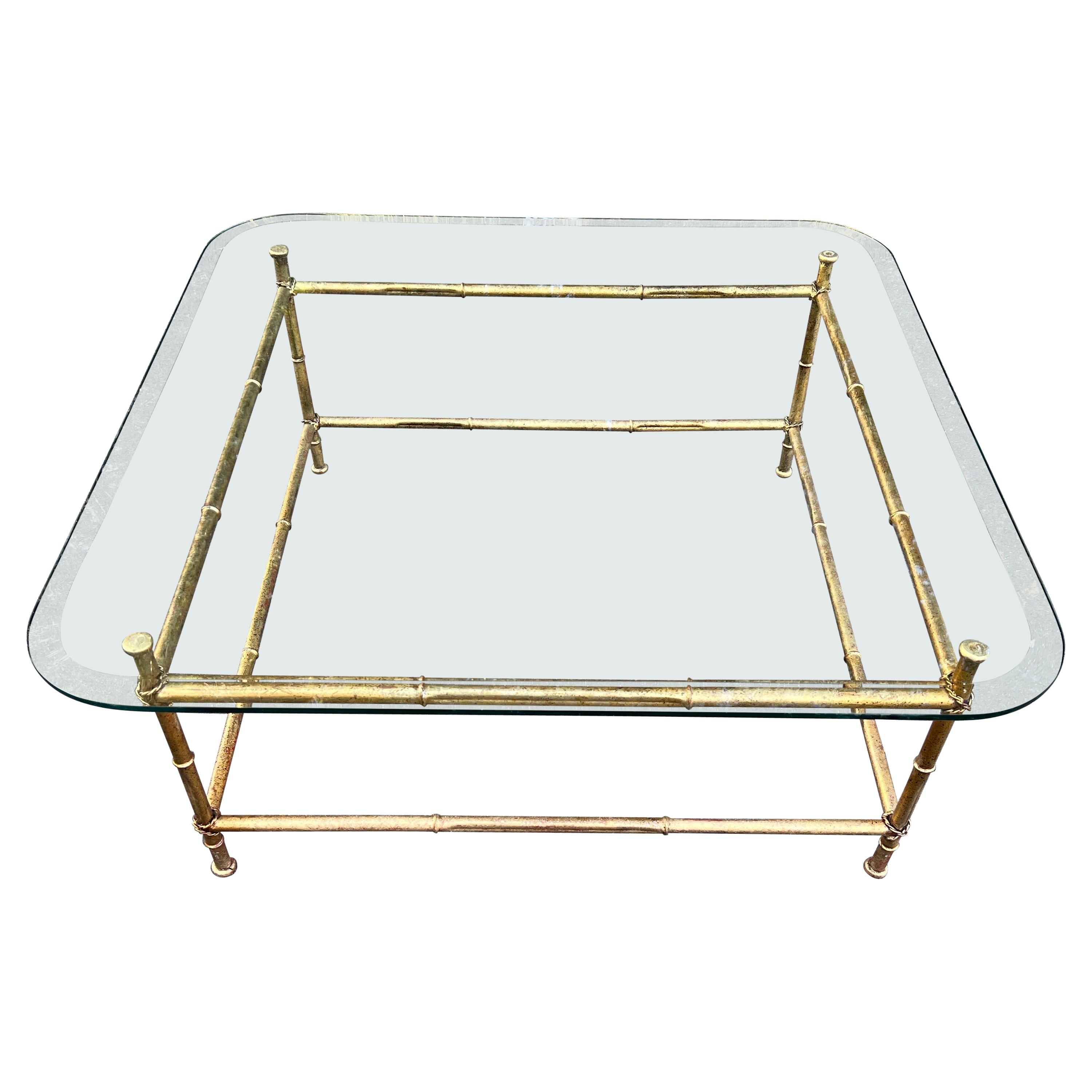 Faux Bamboo Gilt Metal Coffee Table with Glass Top For Sale