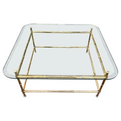 Faux Bamboo Gilt Metal Coffee Table with Glass Top