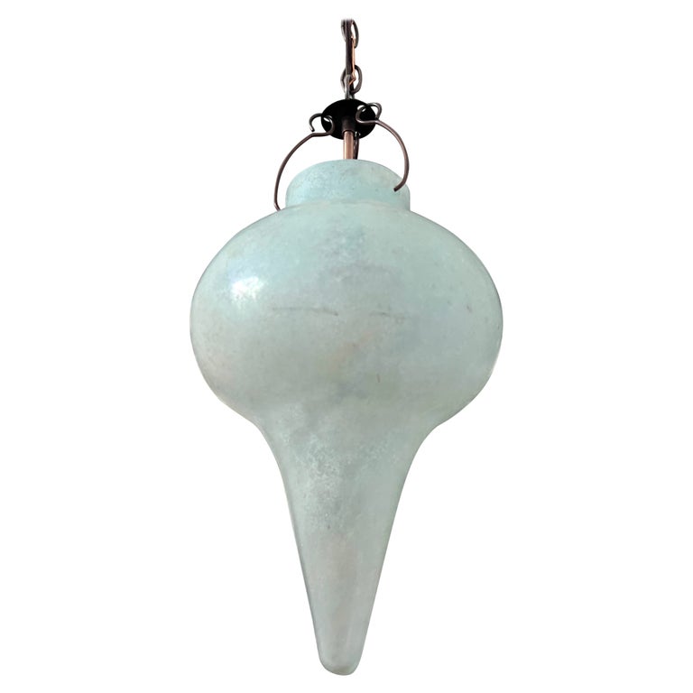 Venetian Scavo Glass Pendant Chandelier in Etched Aqua, Late 20th Century  For Sale
