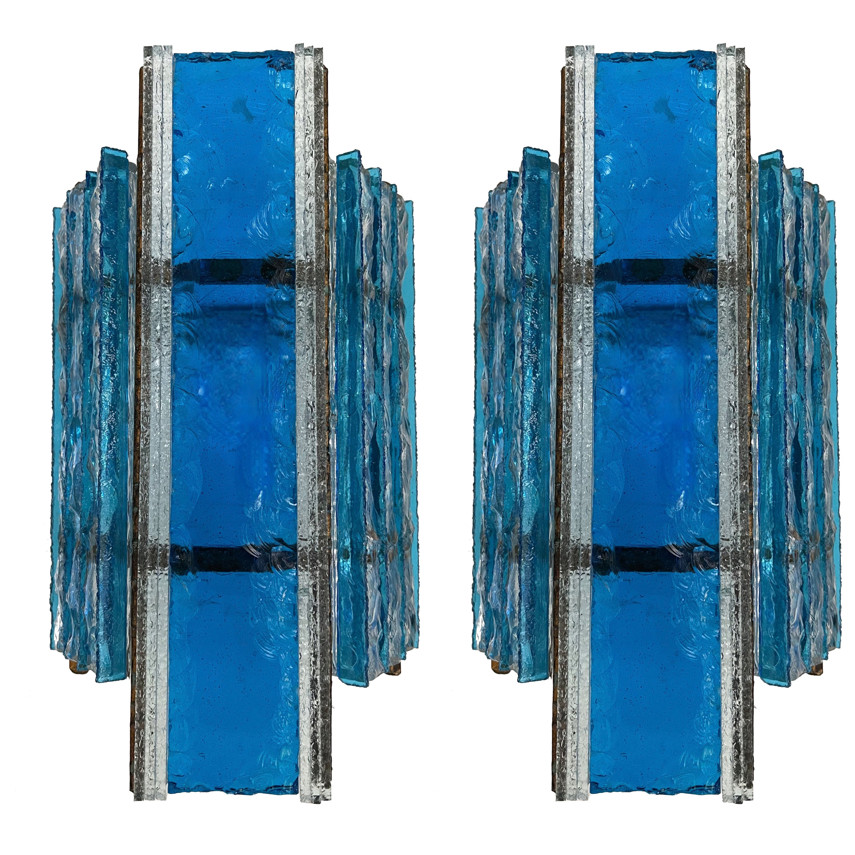 Pair of Hammered Glass Wrought Iron Sconces by Longobard, Italy, 1970s