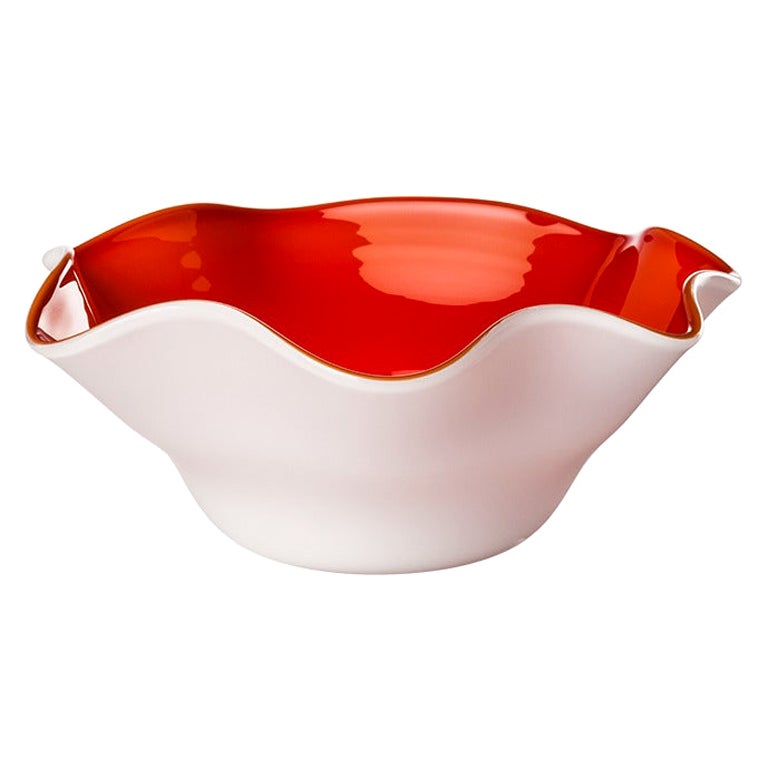 21st Century Fazzoletto Glass Bowl in Milk-White/Red by Venini