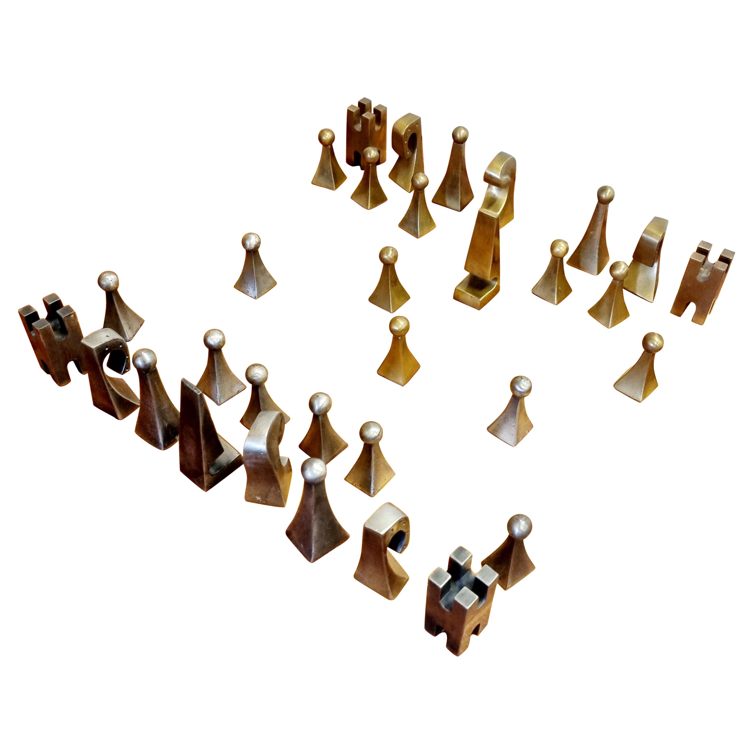 Chess Pieces, Brass and Pewter, France Mid-Century Modern, Attr. Pierre Cardin