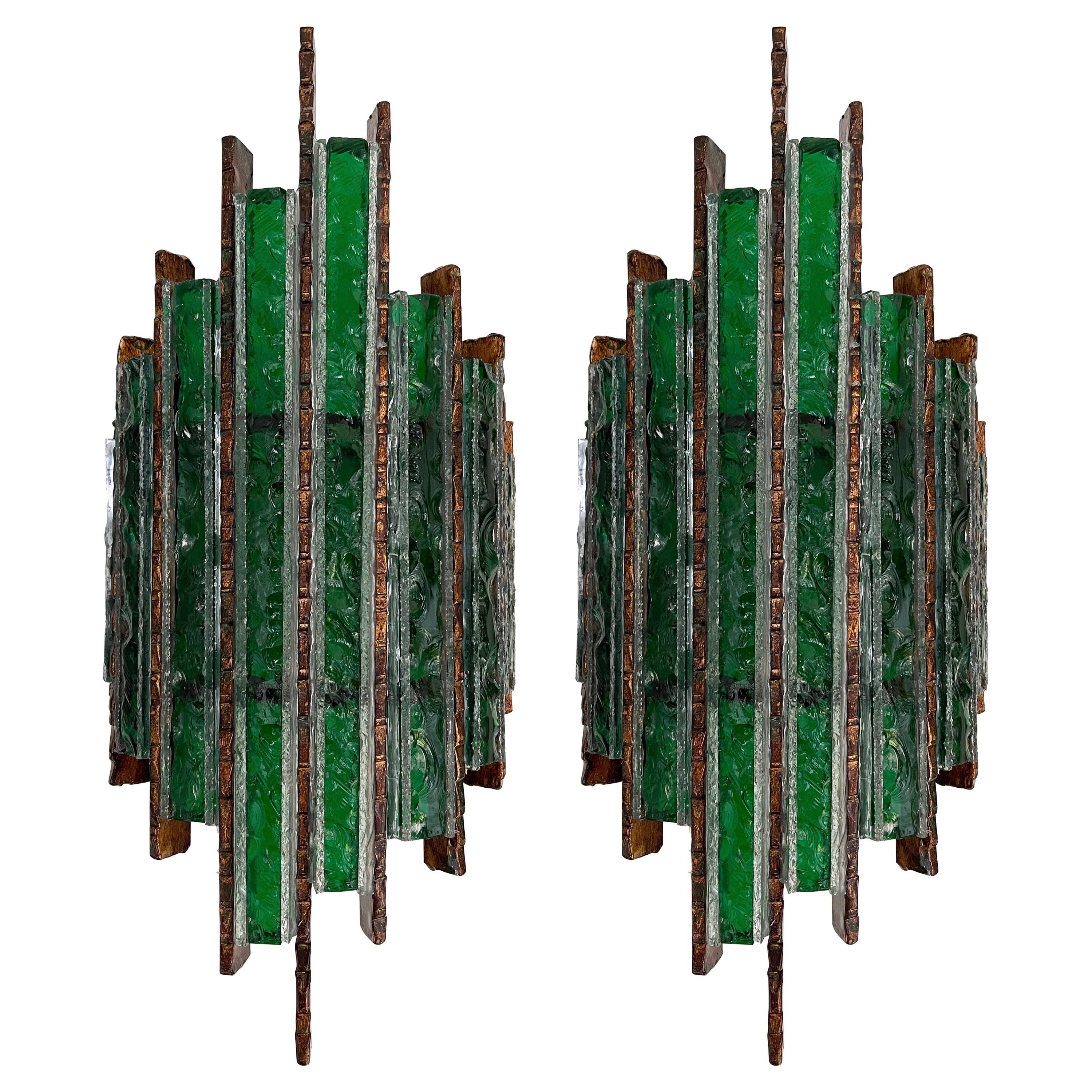 Pair of Hammered Glass Wrought Iron Sconces by Longobard, Italy, 1970s