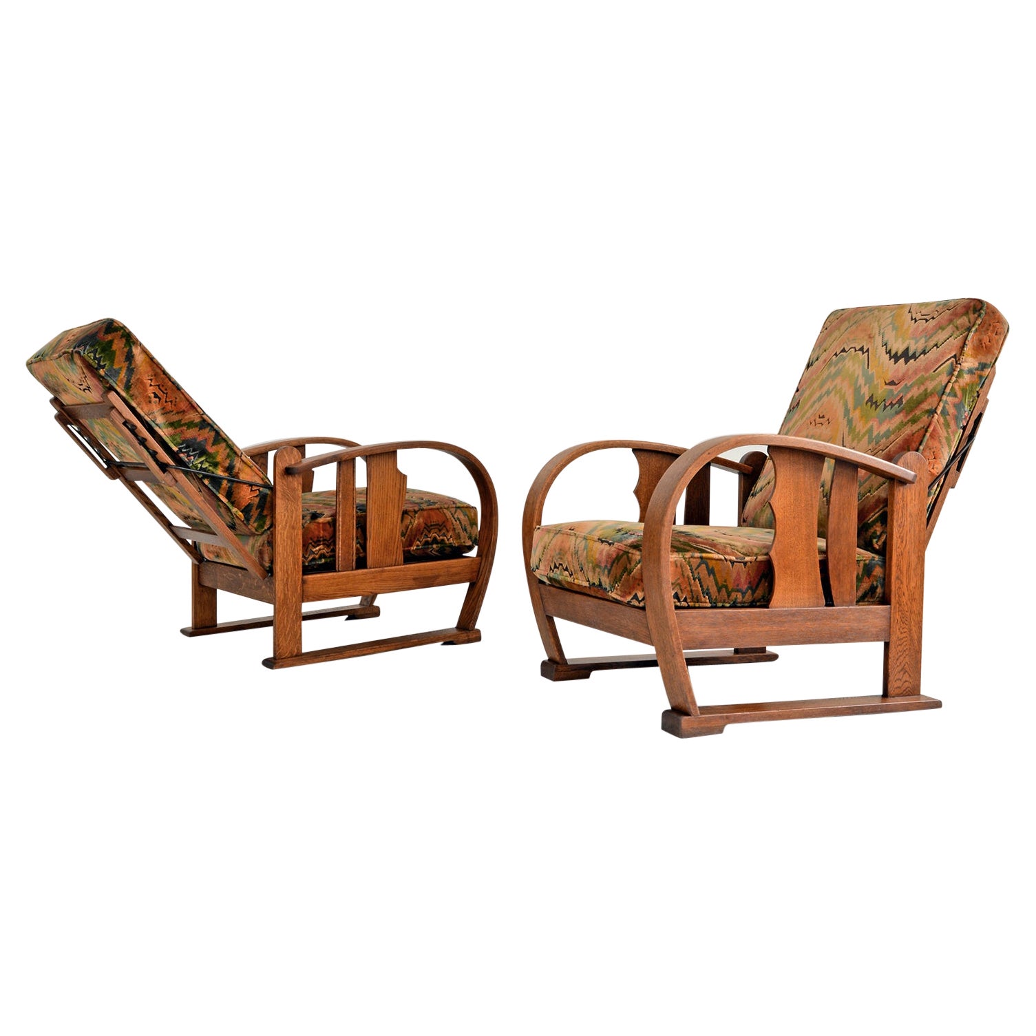 Expressionist Amsterdam School Reclining Chairs, Oak and Fabric Upholstery, 1920 For Sale