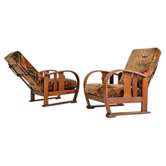 Expressionist Amsterdam School Reclining Chairs, Oak and Fabric Upholstery, 1920