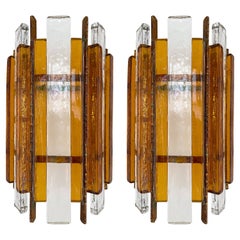 Vintage Pair of Hammered Glass Wrought Iron Sconces by Longobard, Italy, 1970s