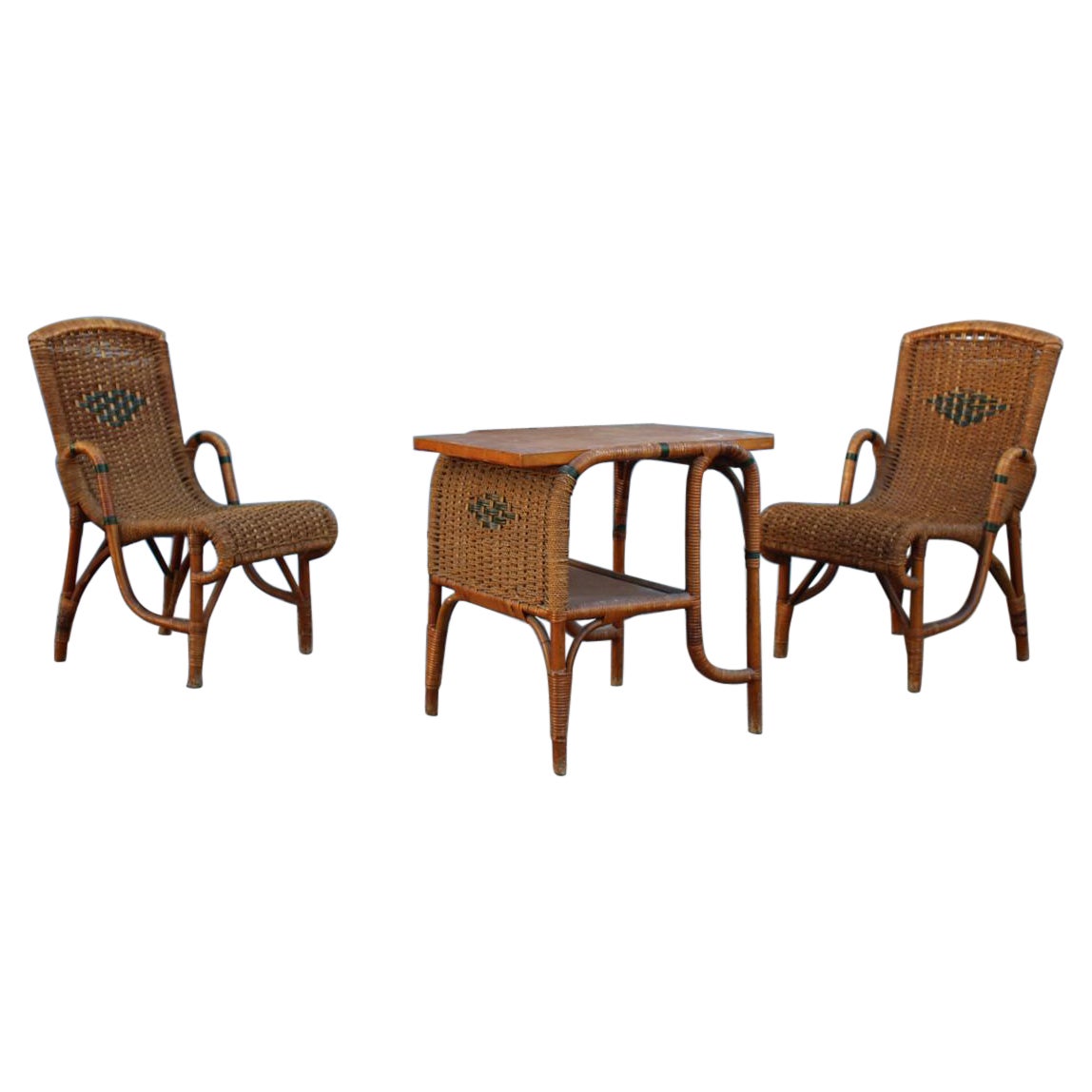Living Room Set in Bamboo and Straw Rope Italy 1950s Chairs with Table For Sale