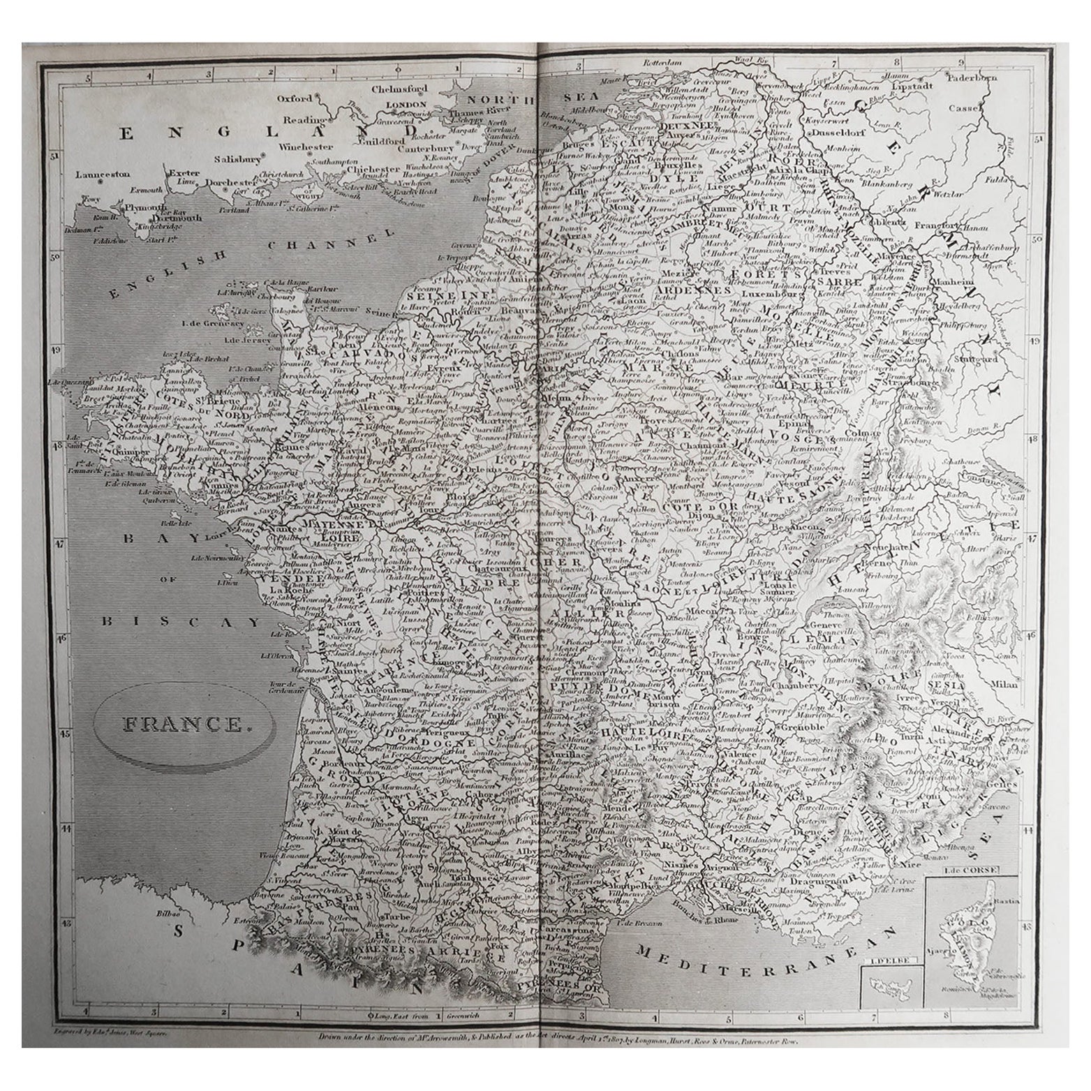 Originale antike Karte von Frankreich, Pfeilerschmied, 1820 im Angebot