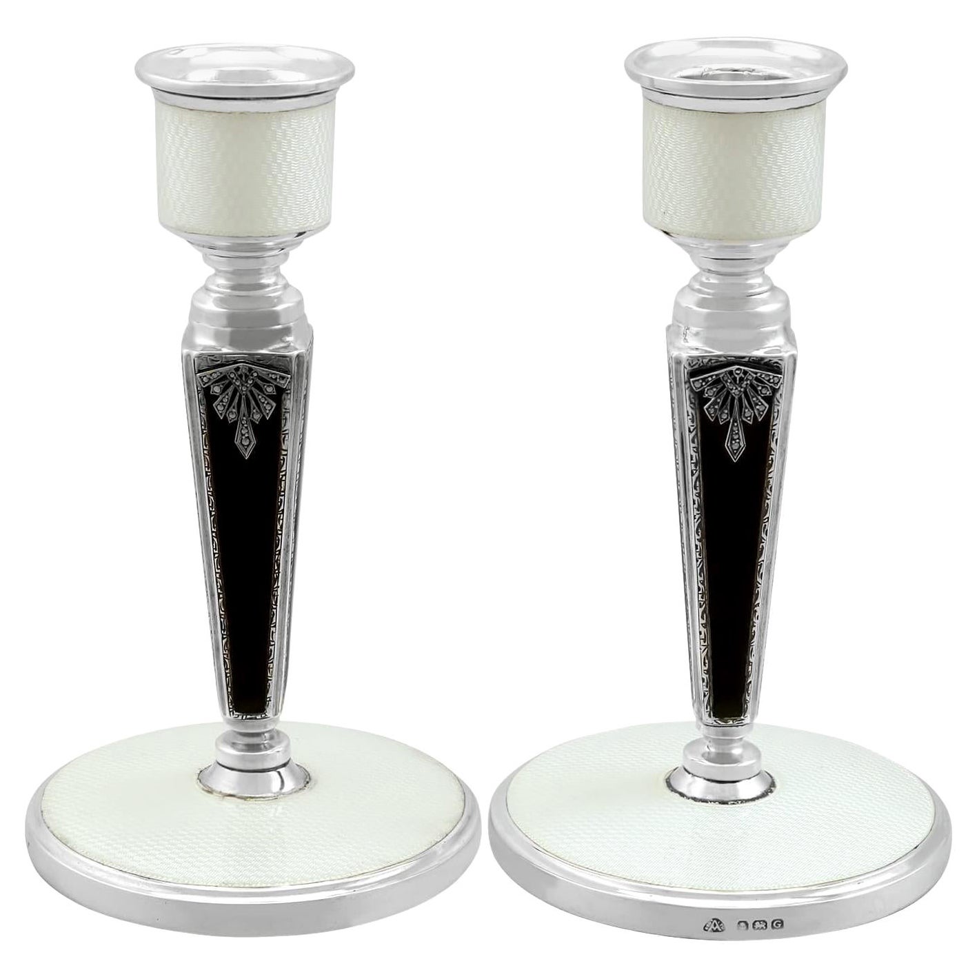 Art Deco Sterling Silver and Enamel Candle Holders