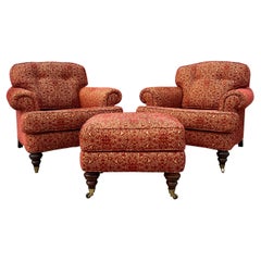 Used George Smith Damask Down Velvet Castors Armchairs & Ottoman, Set of 3