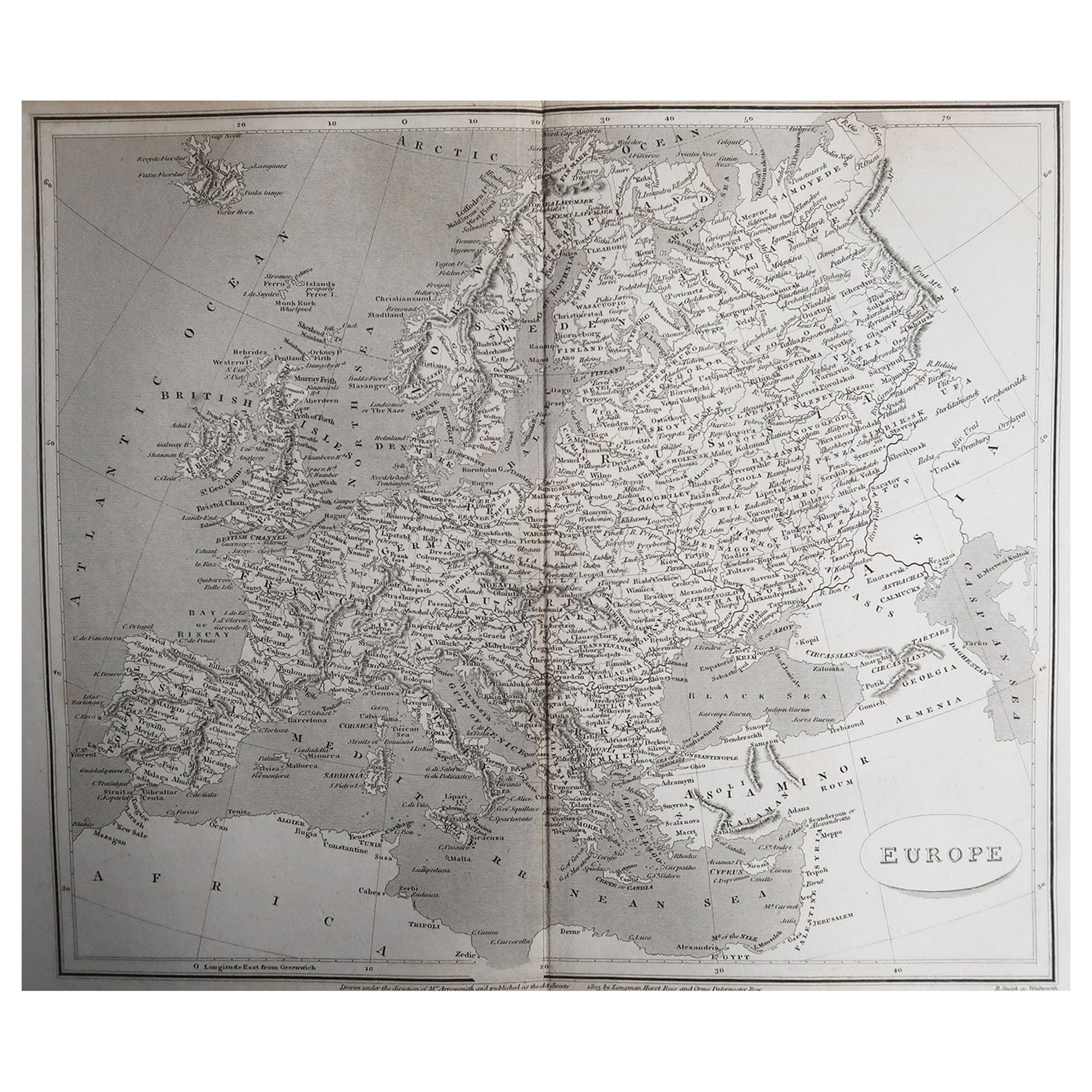 Originale antike Karte von Europa, Pfeilerschmied, 1820
