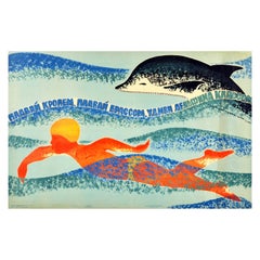 Original Vintage Soviet Sport Poster Swimming With Dolphin USSR Sea Design Art