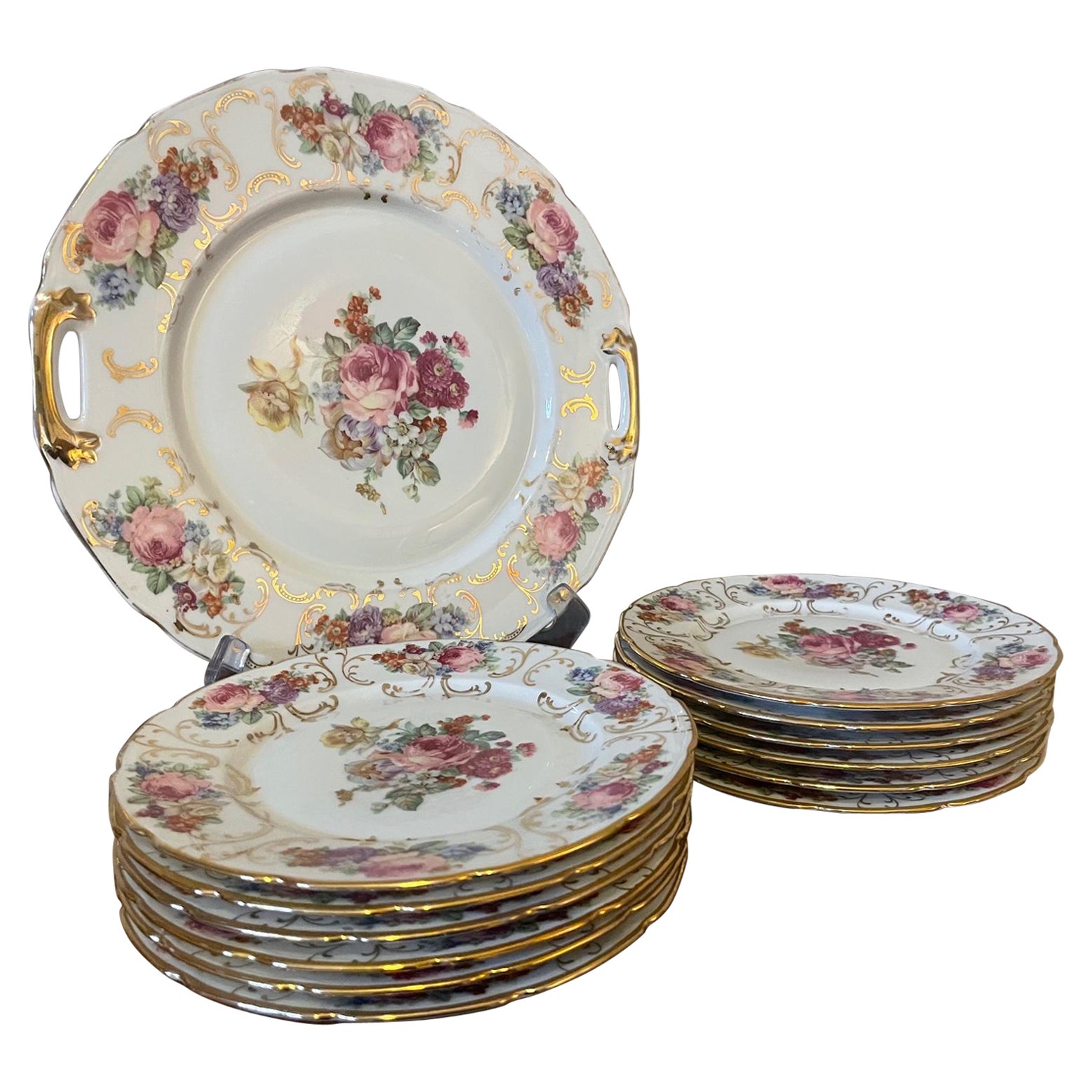 20th Century French Limoges Set of Twelve Porcelain Plates and Plater For Sale