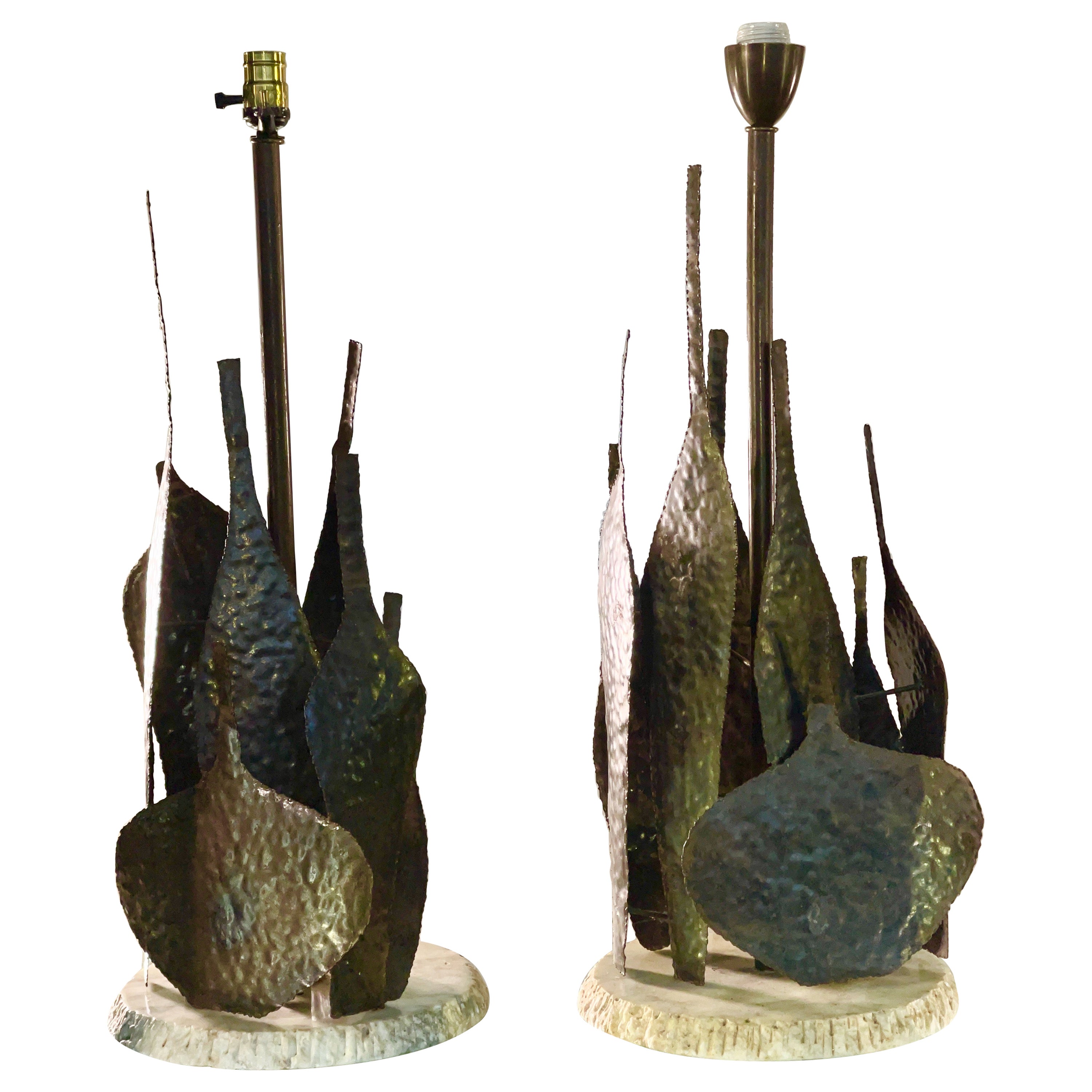Pair Marcello Fantoni Brutalist Metal Bottle Vases Table Lamps For Sale
