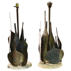 Pair Marcello Fantoni Brutalist Metal Bottle Vases Table Lamps