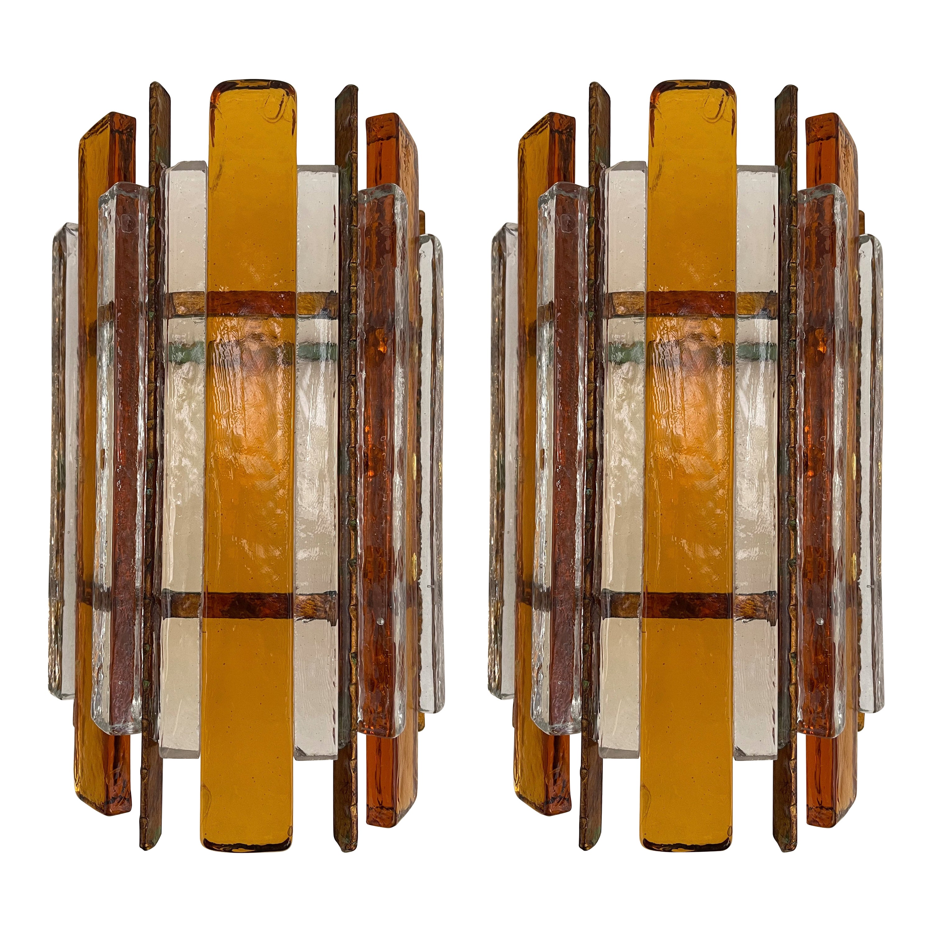 Pair of Hammered Glass Wrought Iron Sconces by Longobard, Italy, 1970s