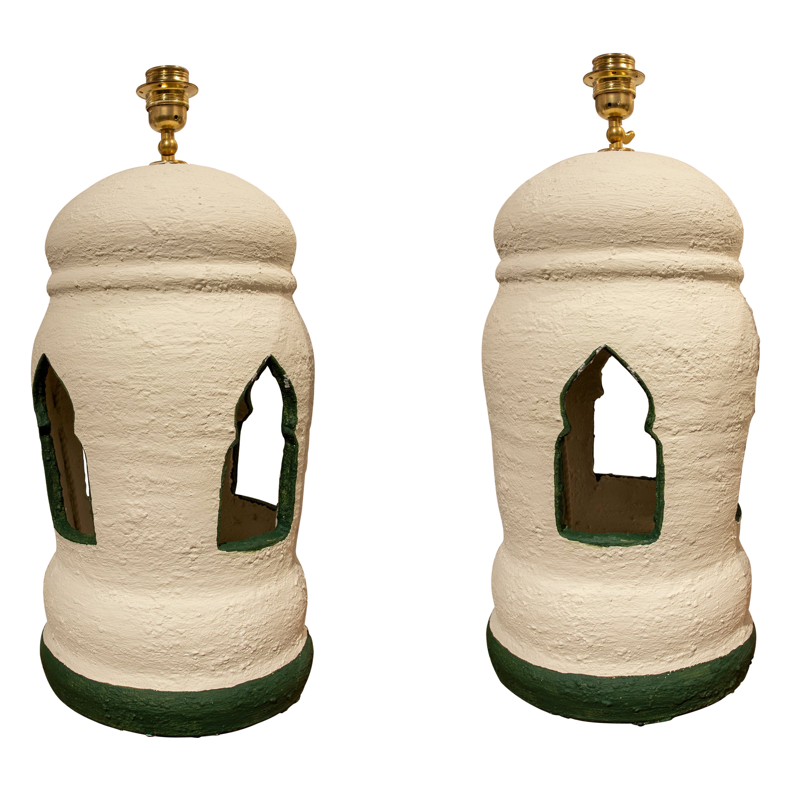 Pair of White Lime Painted Ceramic Lamps with Green Relief