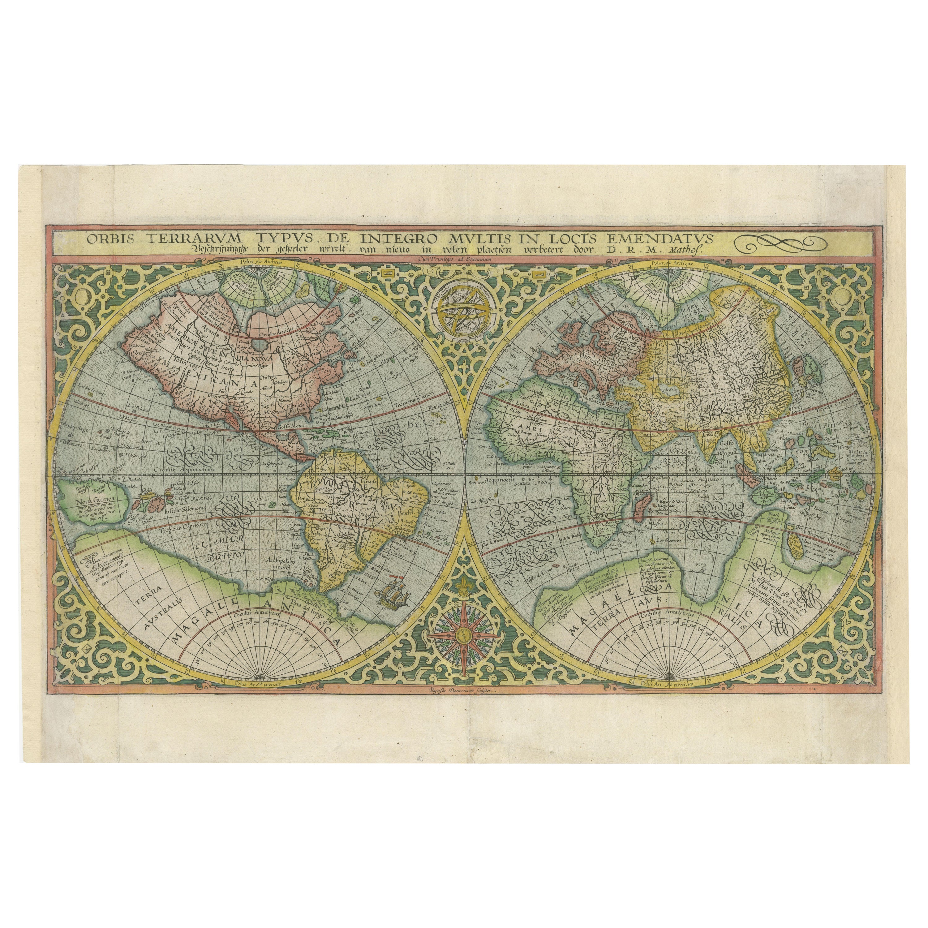 Rare Original Double Hemisphere World Map with Allegorical Figures
