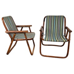 Pair of Folding Deck Chair Patio Lounger, Chaise Longue, Bamboo Wood and Fabric