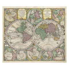 Decorative Antique World Map with two Hemispheres