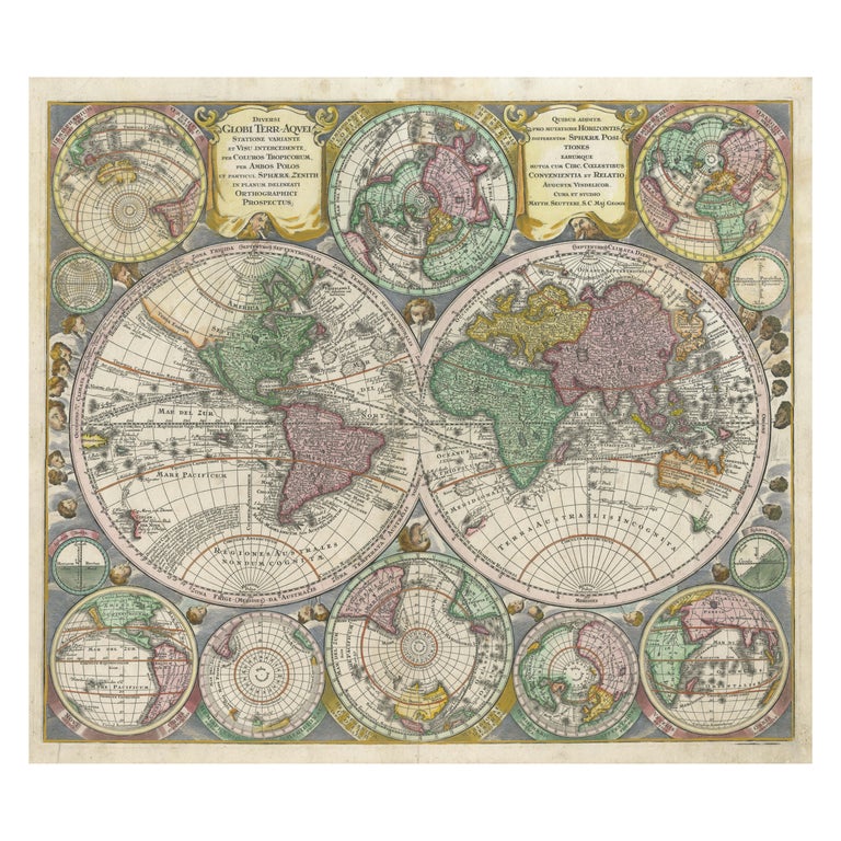 Decorative Antique World Map with two Hemispheres For Sale at 1stDibs