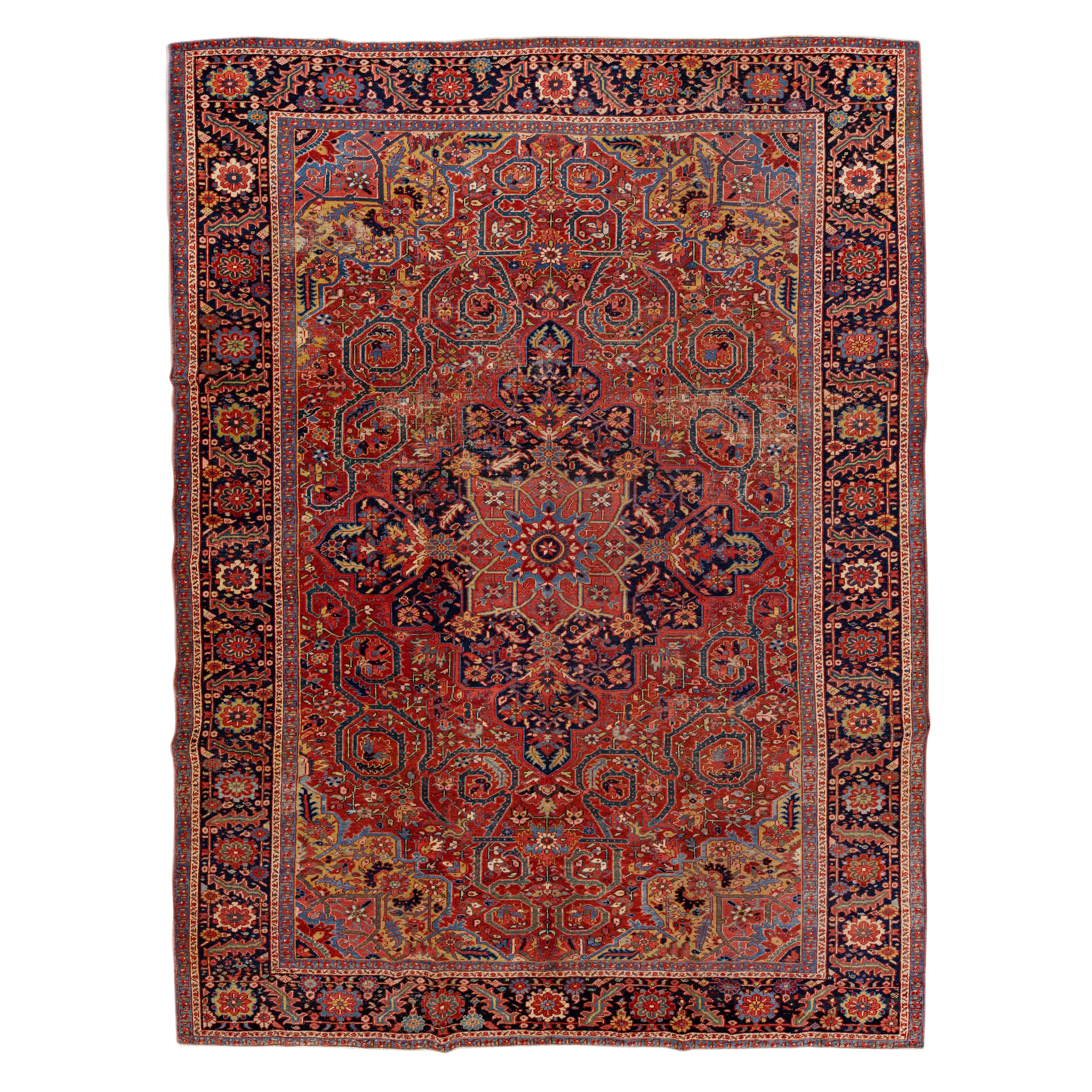Allover Pattern Antique Persian Heriz Handmade Red Wool Rug For Sale