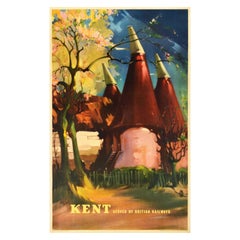 Affiche de voyage vintage d'origine Kent British Railways Oast House avec boucle Claude