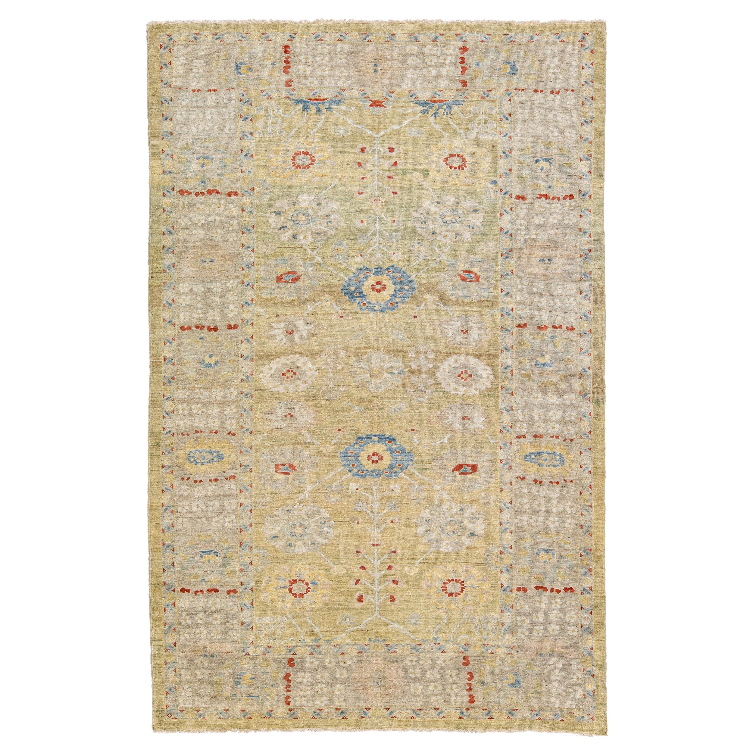 Modern Sultanabad Yellow Handmade Wool Rug with Floral Design For Sale